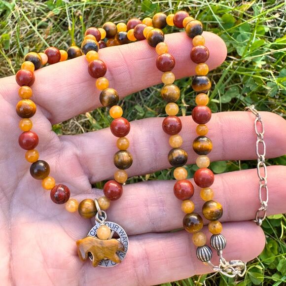 CAROLYN POLLACK STERLING SILVER TIGERS EYE BEADED WAGON WHEEL NECKLACE  16" -20" - Picture 4 of 16